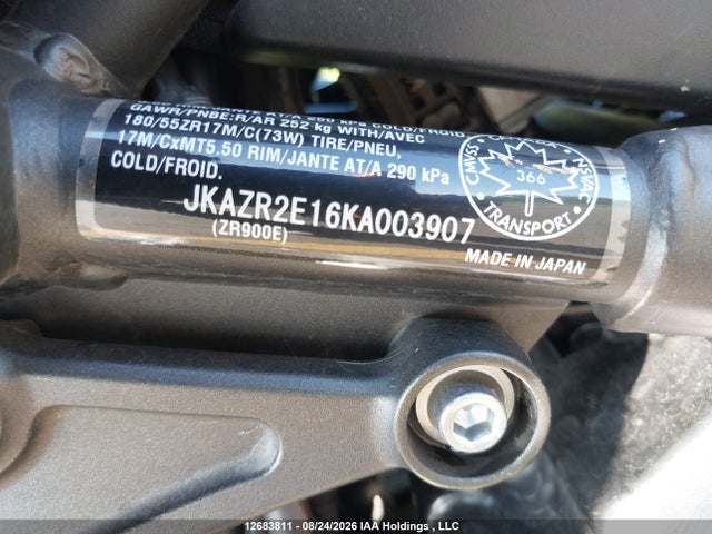12683811 :رقم المزاد ، JKAZR2E16KA003907 vin ، 2019 Kawasaki Zr900 مزاد بيع