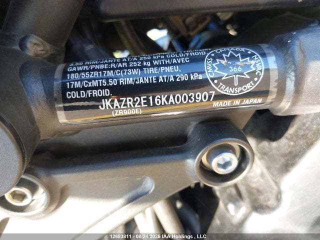 12683811 :رقم المزاد ، JKAZR2E16KA003907 vin ، 2019 Kawasaki Zr900 مزاد بيع