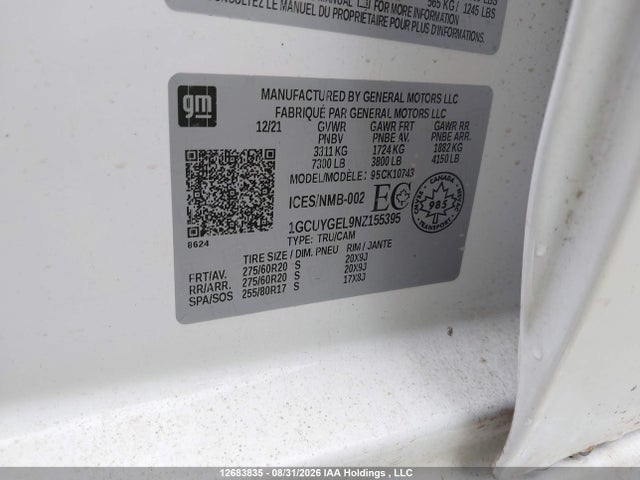 Продаж на аукціоні авто 2022 Chevrolet Silverado 1500 Ltd Ltz, vin: 1GCUYGEL9NZ155395, номер лоту: 12683835