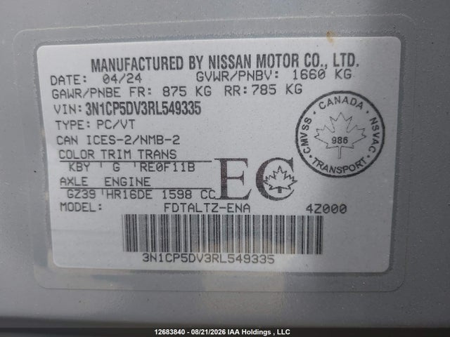 3N1CP5DV3RL549335 Nissan KICKS SR