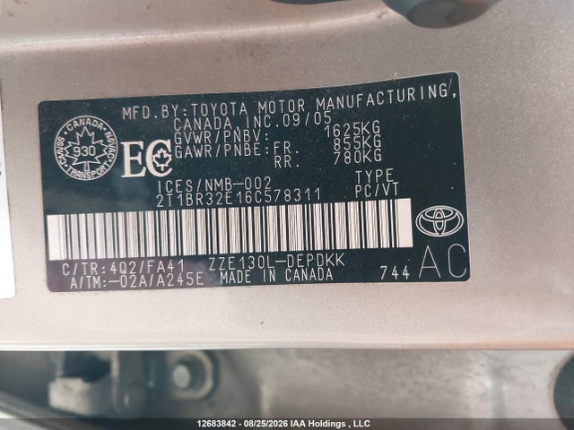Продажа на аукционе авто 2006 Toyota Corolla, vin: 2T1BR32E16C578311, номер лота: 12683842
