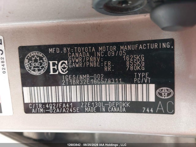 Продажа на аукционе авто 2006 Toyota Corolla, vin: 2T1BR32E16C578311, номер лота: 12683842