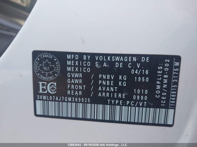 Продаж на аукціоні авто 2016 Volkswagen Jetta 1.8 Tsi Comfortline/1.8 Tsi Highline, vin: 3VWL07AJ7GM369925, номер лоту: 12683843