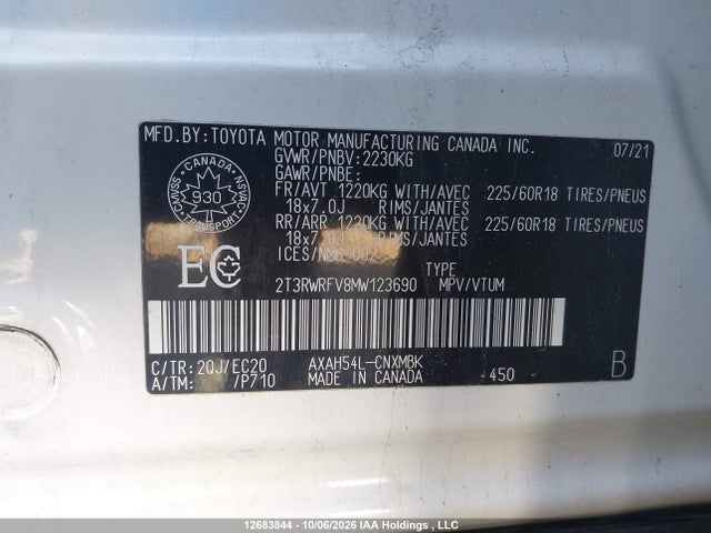 2021 Toyota Rav4 Hybrid Xle მანქანა იყიდება აუქციონზე, vin: 2T3RWRFV8MW123690, აუქციონის ნომერი: 12683844