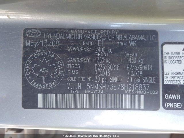Aukcja sprzedaży 2008 Hyundai Santa Fe Limited, vin: 5NMSH73E78H218837, numer aukcji: 12683854