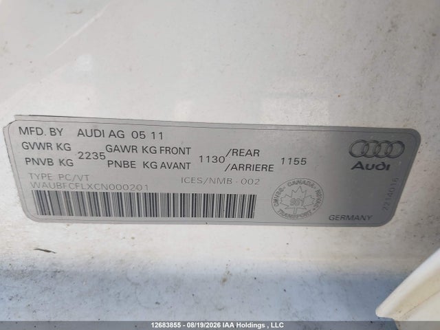 Продажа на аукционе авто 2012 Audi A4 2.0t, vin: WAUBFCFLXCN000201, номер лота: 12683855