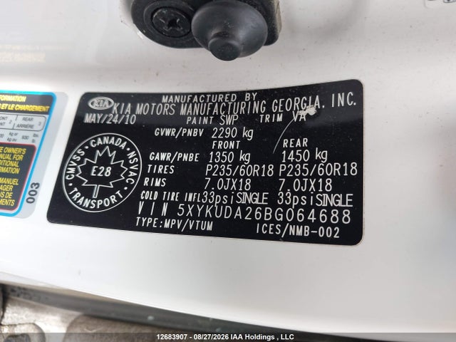 Продажа на аукционе авто 2011 Kia Sorento Ex Luxury V6/ex V6, vin: 5XYKUDA26BG064688, номер лота: 12683907