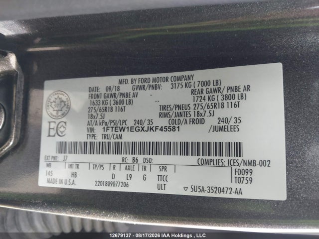 2018 Ford F-150 Lariat მანქანა იყიდება აუქციონზე, vin: 1FTEW1EGXJKF45581, აუქციონის ნომერი: 12679137