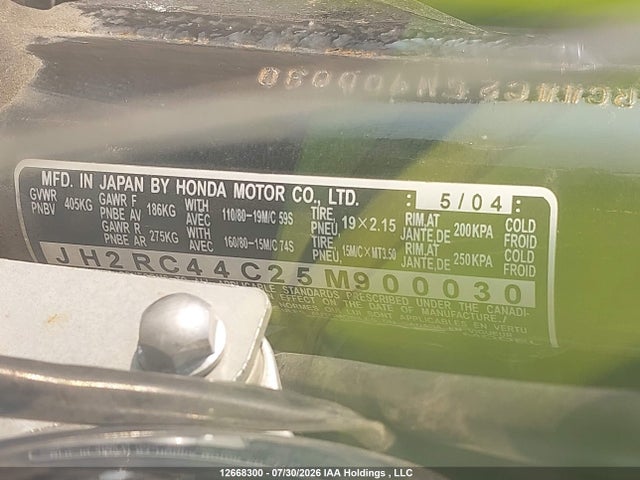 2005 Honda Vt750 S მანქანა იყიდება აუქციონზე, vin: JH2RC44C25M900030, აუქციონის ნომერი: 12668300