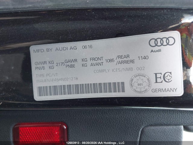 2017 Audi A4 Premium Plus მანქანა იყიდება აუქციონზე, vin: WAUENAF45HN021218, აუქციონის ნომერი: 12683913