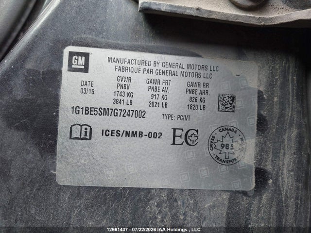 2016 Chevrolet Cruze Lt Auto მანქანა იყიდება აუქციონზე, vin: 1G1BE5SM7G7247002, აუქციონის ნომერი: 12661437