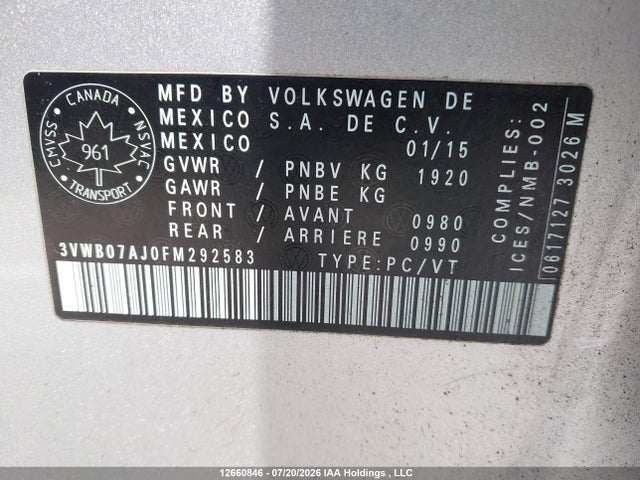 Продажа на аукционе авто 2015 Volkswagen Jetta 1.8 Tsi Comfortline/1.8 Tsi Trendline+, vin: 3VWB07AJ0FM292583, номер лота: 12660846