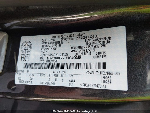 Ford ESCAPE S 2017 1FMCU0F77HUC40085 Image 9