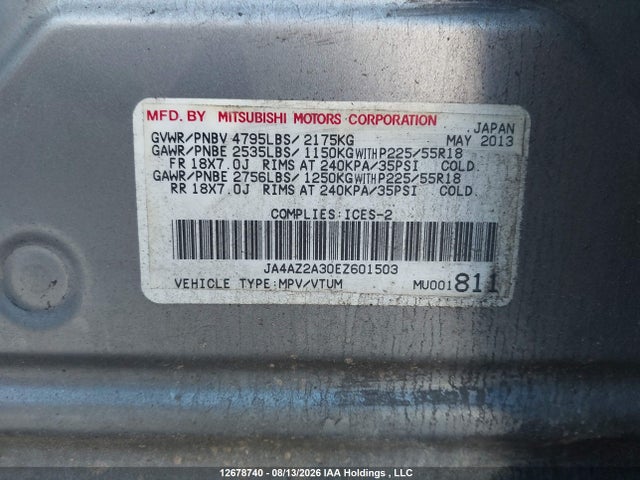 2014 Mitsubishi Outlander Es მანქანა იყიდება აუქციონზე, vin: JA4AZ2A30EZ601503, აუქციონის ნომერი: 12678740