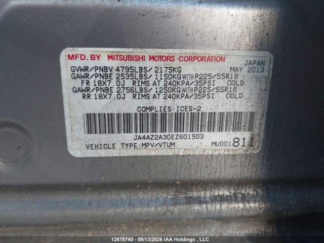 2014 Mitsubishi Outlander Es მანქანა იყიდება აუქციონზე, vin: JA4AZ2A30EZ601503, აუქციონის ნომერი: 12678740