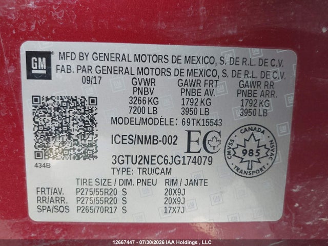 12667447 :رقم المزاد ، 3GTU2NEC6JG174079 vin ، 2018 Gmc Sierra 1500 Slt مزاد بيع