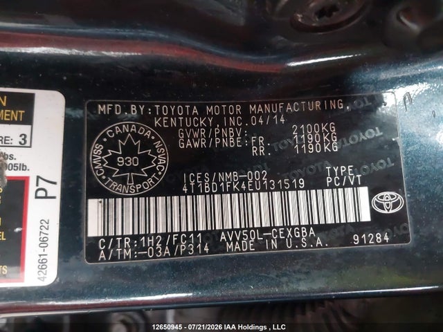 4T1BD1FK4EU131519 Toyota Camry Hybrid Xle