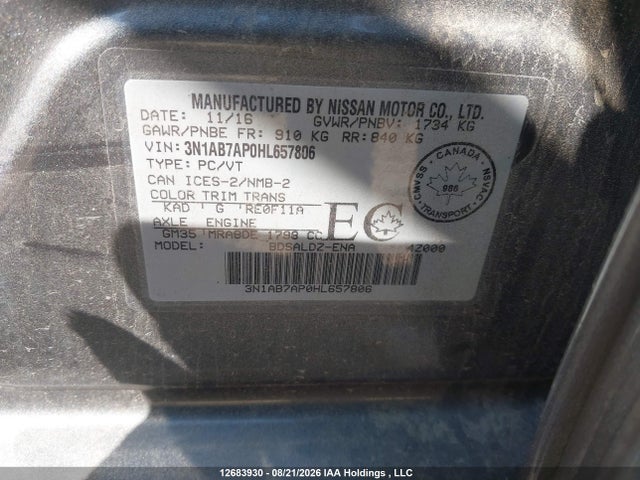 2017 Nissan Sentra S/sv/sr/sl მანქანა იყიდება აუქციონზე, vin: 3N1AB7AP0HL657806, აუქციონის ნომერი: 12683930