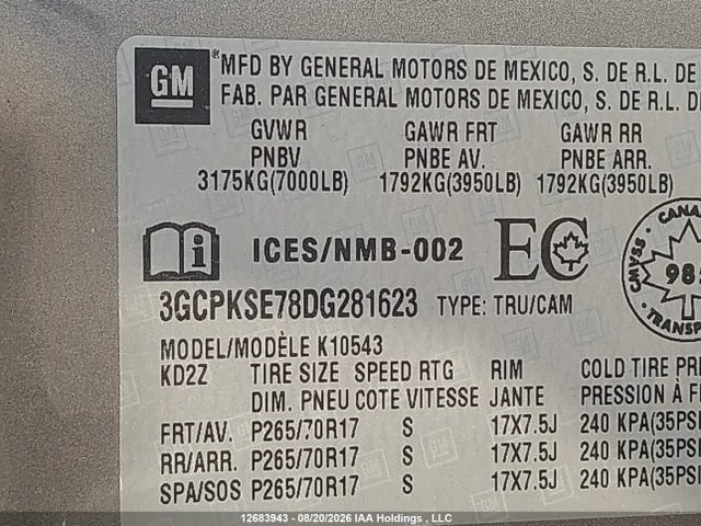Продажа на аукционе авто 2013 Chevrolet Silverado K1500 Lt, vin: 3GCPKSE78DG281623, номер лота: 12683943