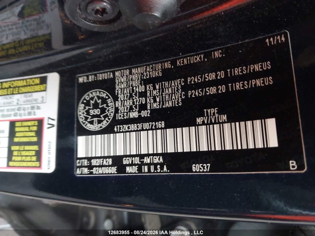 12683955 :رقم المزاد ، 4T3ZK3BB3FU072168 vin ، 2015 Toyota Venza Le/xle/limited مزاد بيع