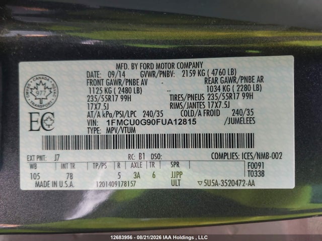 Ford ESCAPE SE 2015 1FMCU0G90FUA12815 Image 9
