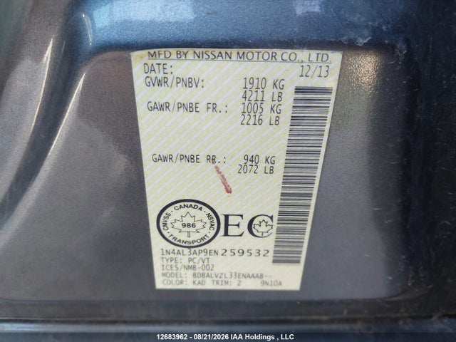 Продаж на аукціоні авто 2014 Nissan Altima 2.5/s/sv/sl, vin: 1N4AL3AP9EN259532, номер лоту: 12683962