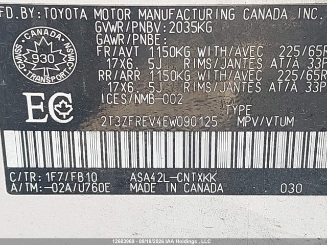 12683969 :رقم المزاد ، 2T3ZFREV4EW090125 vin ، 2014 Toyota Rav4 Le مزاد بيع