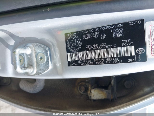 Aukcja sprzedaży 2010 Toyota Yaris, vin: JTDBT4K36A1387020, numer aukcji: 12643589
