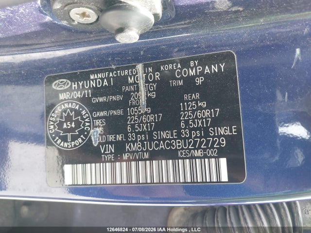 Aukcja sprzedaży 2011 Hyundai Tucson Gls, vin: KM8JUCAC3BU272729, numer aukcji: 12646824
