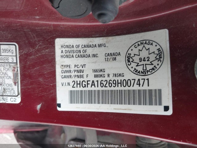 Продажа на аукционе авто 2009 Honda Civic Dx/dx-a, vin: 2HGFA16269H007471, номер лота: 12637660