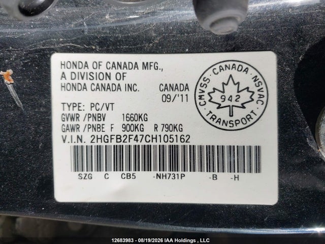 Aukcja sprzedaży 2012 Honda Civic Lx, vin: 2HGFB2F47CH105162, numer aukcji: 12683983