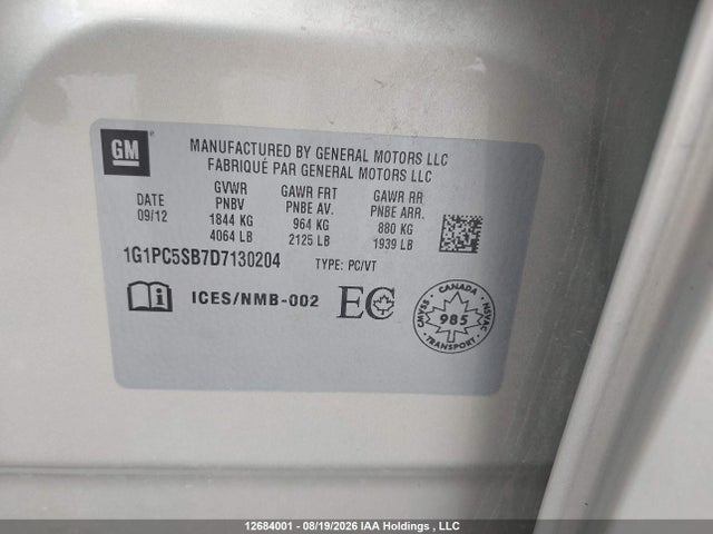 Aukcja sprzedaży 2013 Chevrolet Cruze Lt Turbo, vin: 1G1PC5SB7D7130204, numer aukcji: 12684001