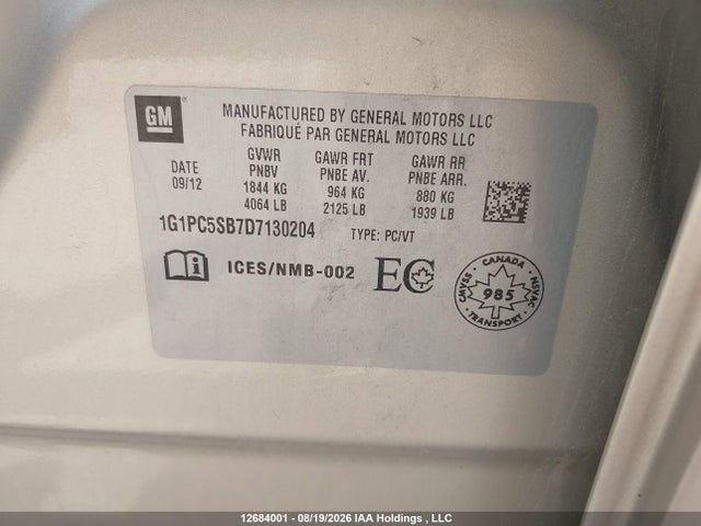 Aukcja sprzedaży 2013 Chevrolet Cruze Lt Turbo, vin: 1G1PC5SB7D7130204, numer aukcji: 12684001