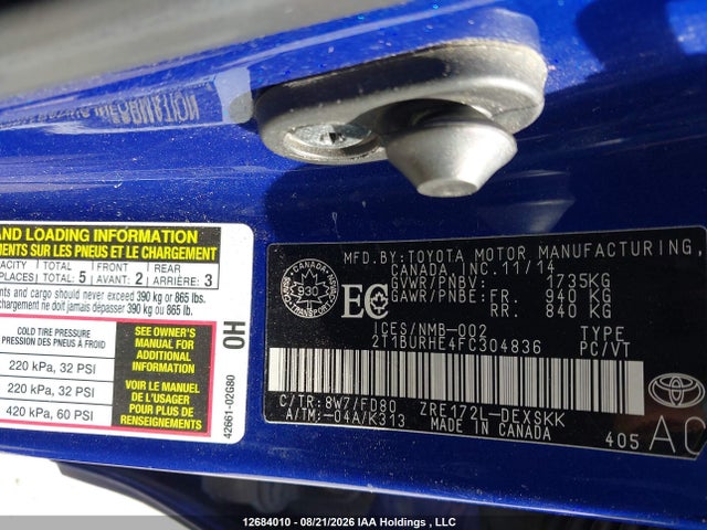 2015 Toyota Corolla S მანქანა იყიდება აუქციონზე, vin: 2T1BURHE4FC304836, აუქციონის ნომერი: 12684010