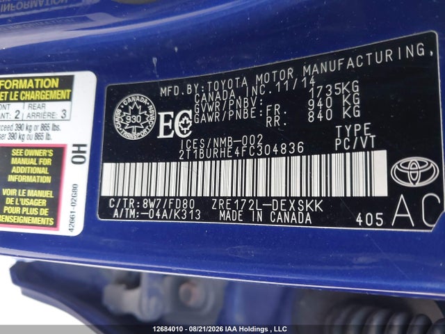 2015 Toyota Corolla S მანქანა იყიდება აუქციონზე, vin: 2T1BURHE4FC304836, აუქციონის ნომერი: 12684010