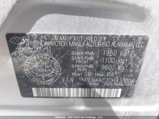 Aukcja sprzedaży 2012 Hyundai Sonata Gl, vin: 5NPEB4AC2CH433004, numer aukcji: 12684026