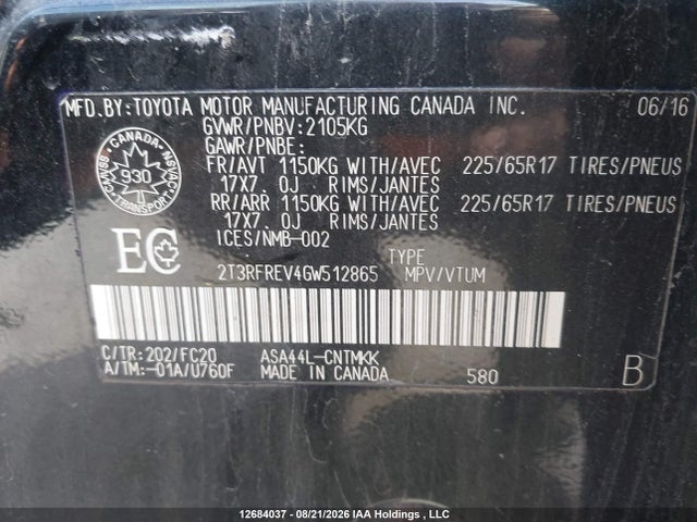 Toyota Rav4 Xle 2016 2T3RFREV4GW512865 Image 19