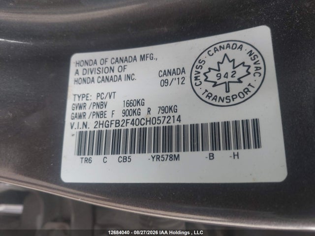 12684040 :رقم المزاد ، 2HGFB2F40CH057214 vin ، 2012 Honda Civic Lx مزاد بيع