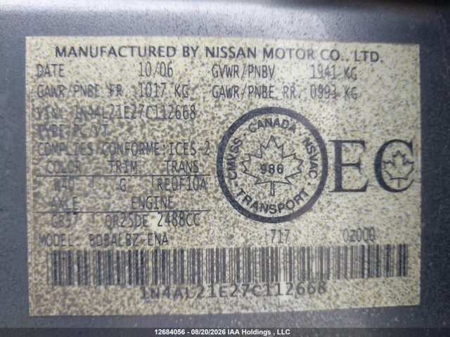 2007 Nissan Altima 2.5/2.5s მანქანა იყიდება აუქციონზე, vin: 1N4AL21E27C112668, აუქციონის ნომერი: 12684056