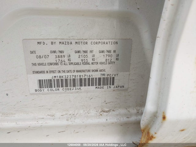 12684058 :رقم المزاد ، JM1BK323781817161 vin ، 2008 Mazda Mazda3 Gt مزاد بيع
