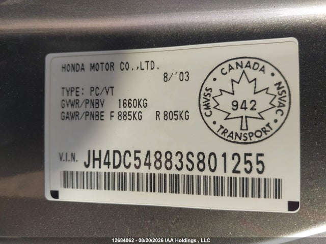 Продаж на аукціоні авто 2003 Acura Rsx Premium, vin: JH4DC54883S801255, номер лоту: 12684062