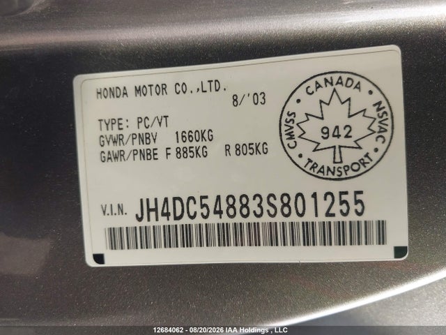 Продаж на аукціоні авто 2003 Acura Rsx Premium, vin: JH4DC54883S801255, номер лоту: 12684062