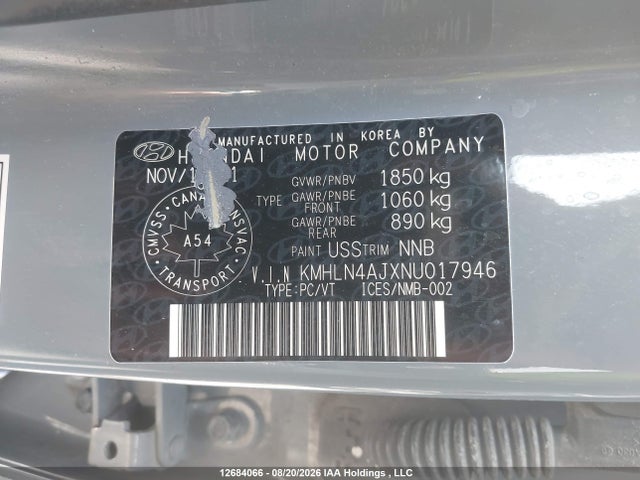 12684066 :رقم المزاد ، KMHLN4AJXNU017946 vin ، 2022 Hyundai Elantra Hybrid مزاد بيع