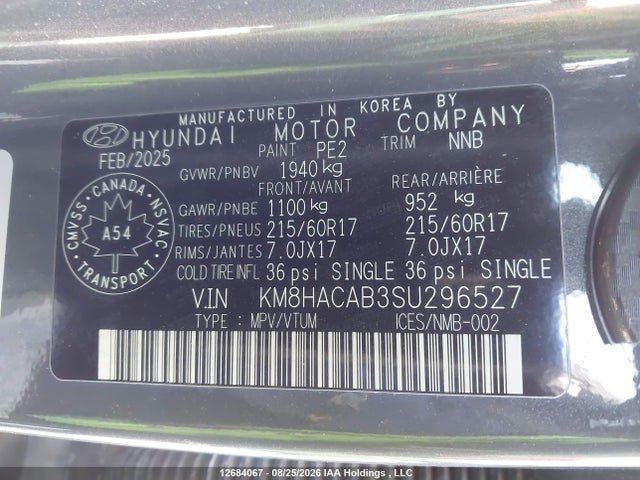 Продаж на аукціоні авто 2025 Hyundai Kona Essential Awd, vin: KM8HACAB3SU296527, номер лоту: 12684067