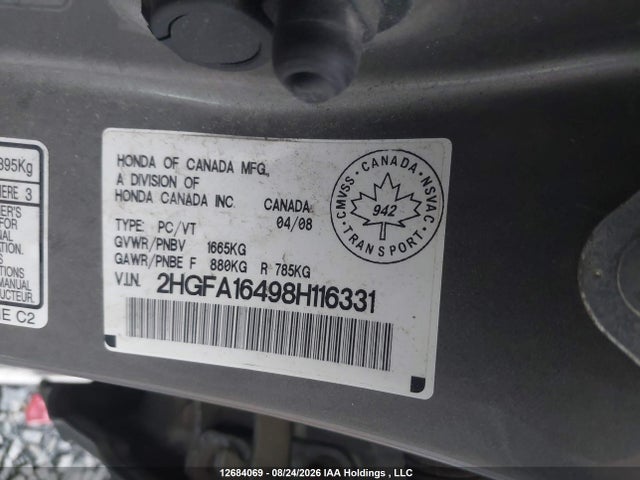 Продажа на аукционе авто 2008 Honda Civic Dx-g, vin: 2HGFA16498H116331, номер лота: 12684069