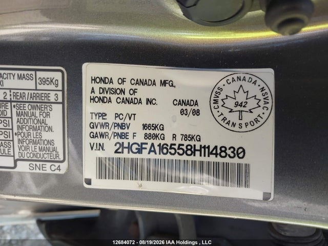 Продаж на аукціоні авто 2008 Honda Civic Lx, vin: 2HGFA16558H114830, номер лоту: 12684072