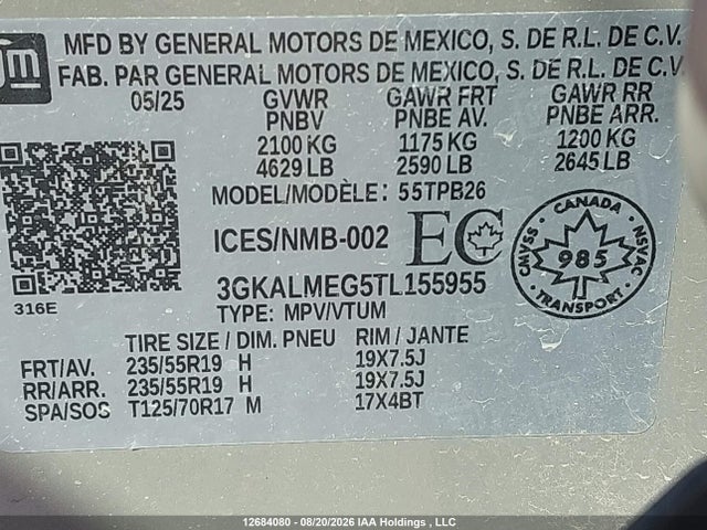 Aukcja sprzedaży 2026 Gmc Terrain Elevation, vin: 3GKALMEG5TL155955, numer aukcji: 12684080