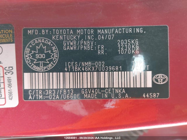 Продажа на аукционе авто 2007 Toyota Camry Le/xle/se, vin: 4T1BK46KX7U039681, номер лота: 12684081