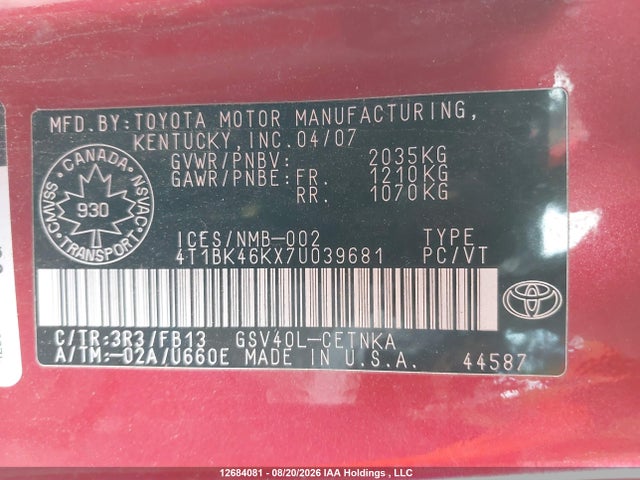 Продажа на аукционе авто 2007 Toyota Camry Le/xle/se, vin: 4T1BK46KX7U039681, номер лота: 12684081