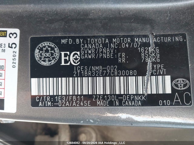 Aukcja sprzedaży 2007 Toyota Corolla, vin: 2T1BR32E77C830080, numer aukcji: 12684082